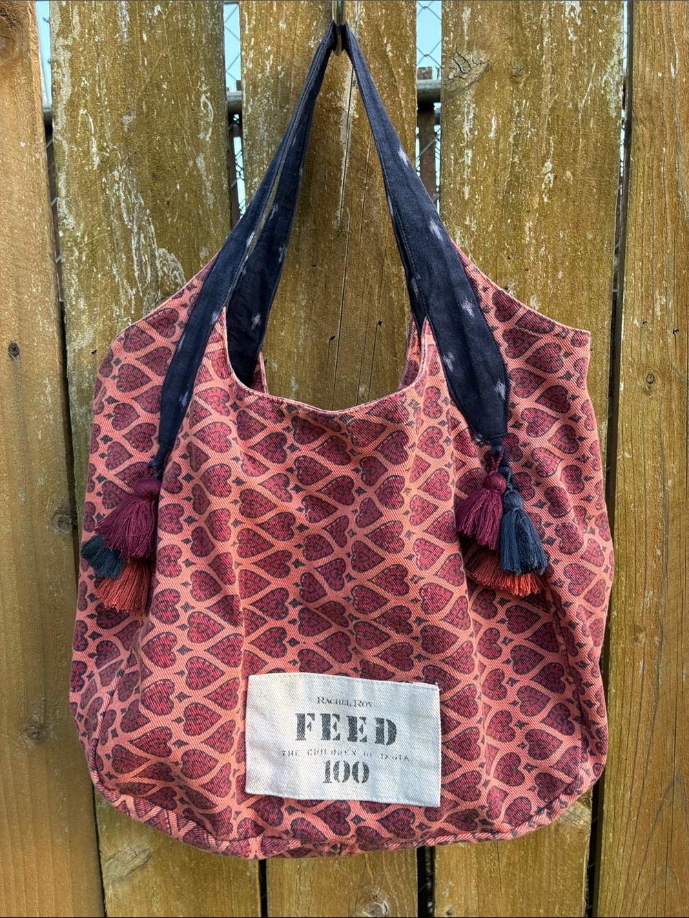 Rachel Roy FEED 100 Peachy with hearts Patterned Tote Bag with Tassels.**USED**